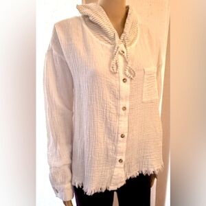 Hem and Thread long-sleeve hooded top texture muslin fabric w/distressed hemline